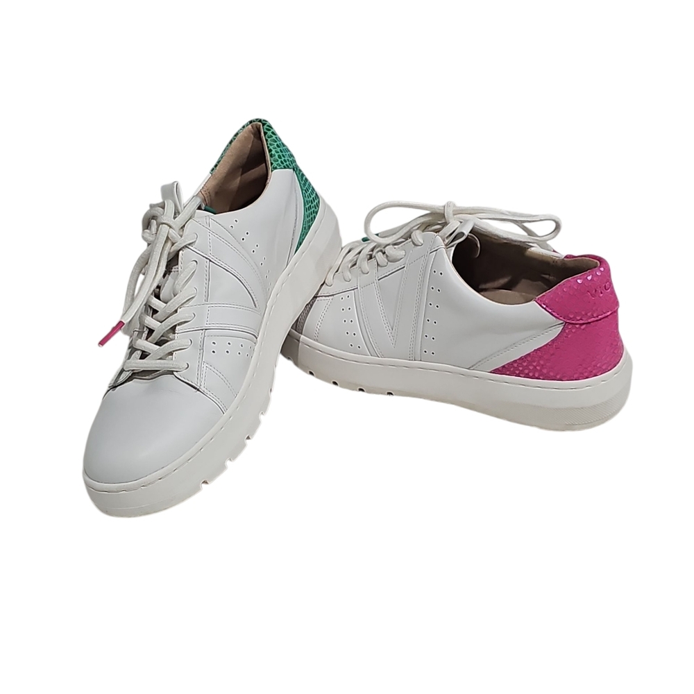 Vionic Simasa Leather Sneakers with Mismatched Pink and Green Heels Sz 8 EUC